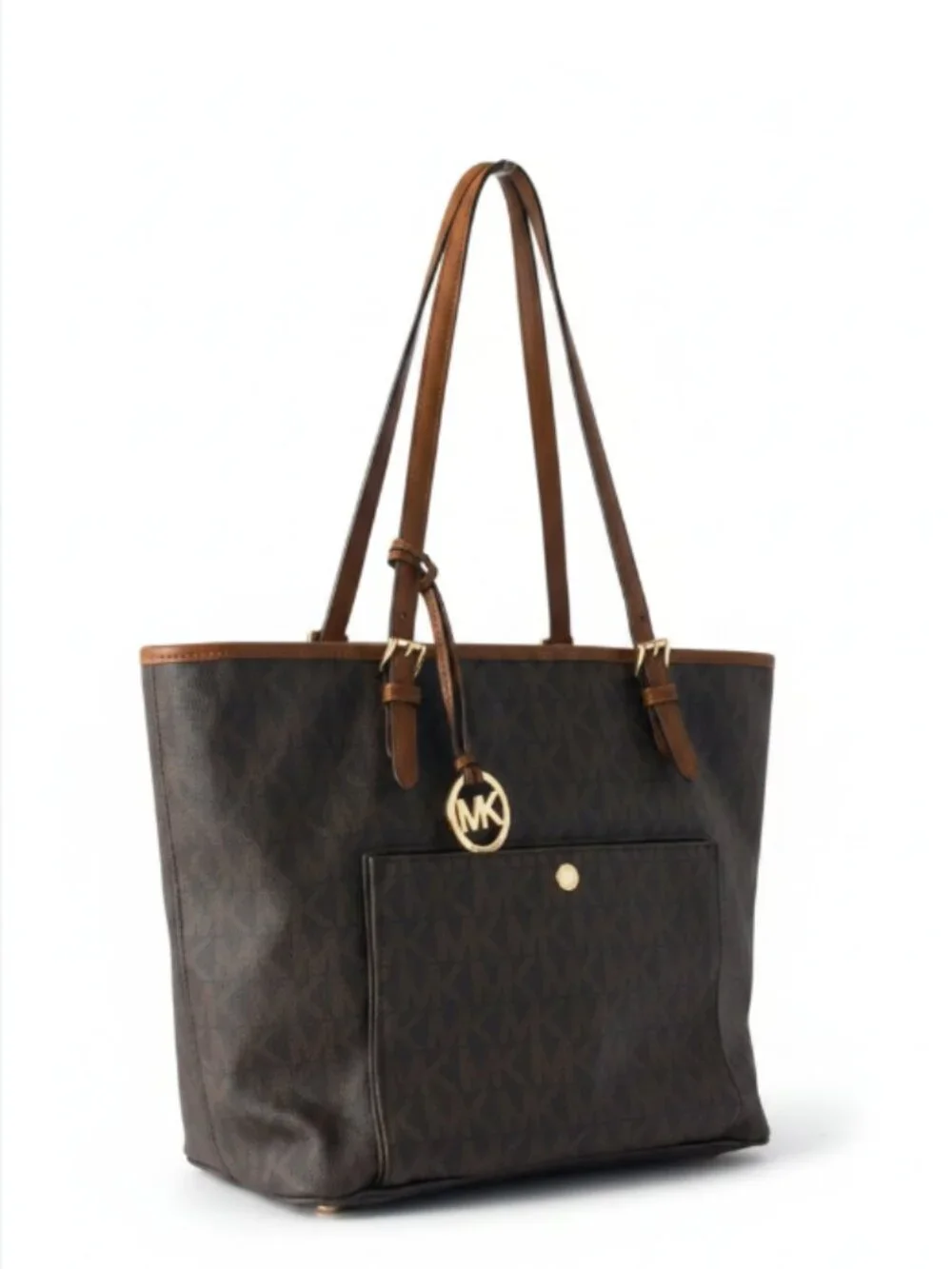 Michael Kors Large Tote Bag Brown MK Signature Logo Gold Charm Zip Top Purse